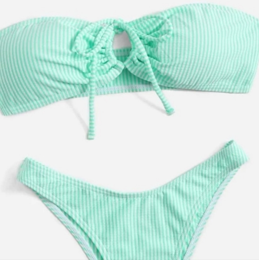 Sexy High Waist Bandeau Mint Striped Bikini✨️ - Picture 9 of 12